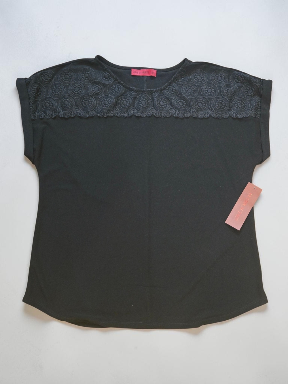 Love Scarlett Black Short Sleeve Top with Circle Crochet Lace Yoke Xl